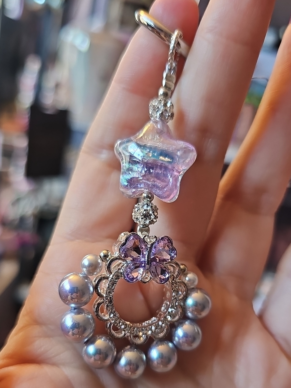 Silver and Purple Star Drop Pendant Phone Charm